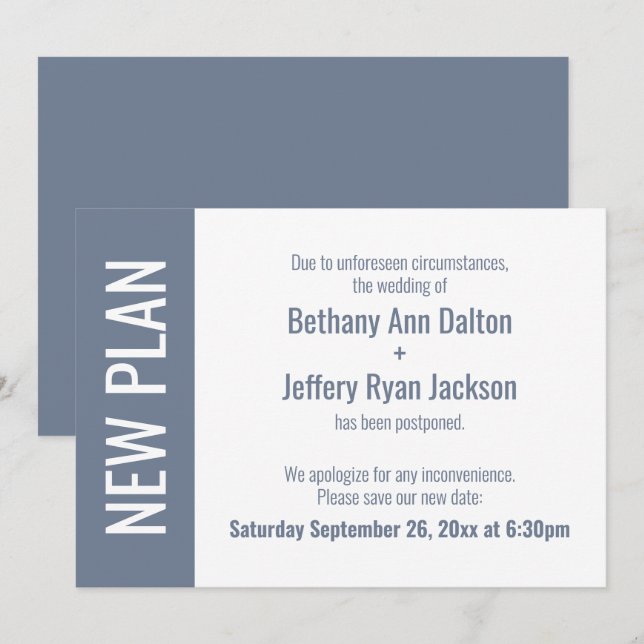 Dusty Blue New Plan, Postponed Wedding Card (Front/Back)