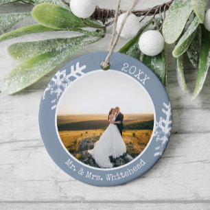 Dusty Blue Newlywed Snowflake 1st Christmas Ceramic Tree Decoration