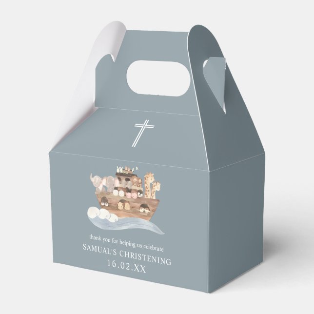Dusty Blue Noah's Ark Christening Gable Favour Box (Front Side)