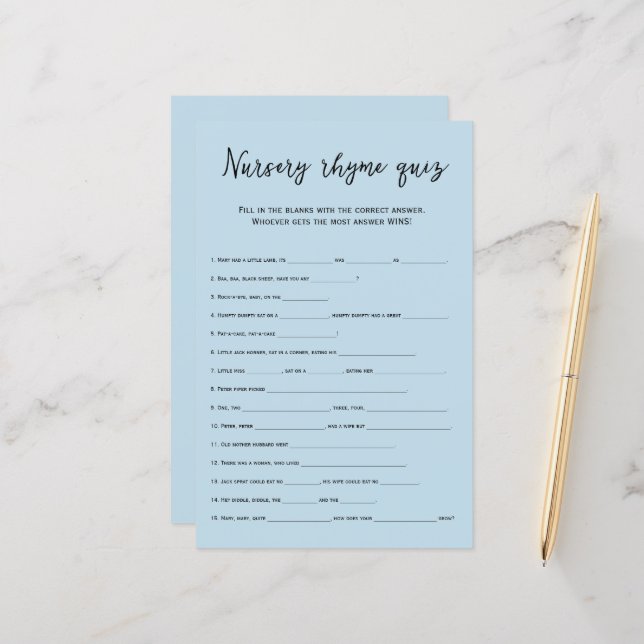 Dusty blue nursery rhymes quiz baby shower game (Front/Back In Situ)