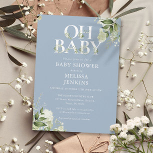 Dusty Blue Oh Baby Botanical Greenery Baby Shower Invitation