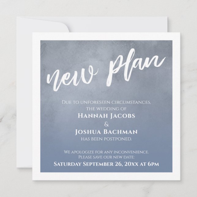 Dusty Blue Ombre Postponed Wedding New Plan Card (Front)
