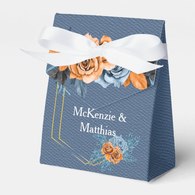 Dusty Blue Orange Gold Peony Rose Wedding Favour Box (Front Side)