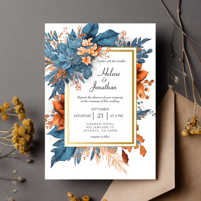 Dusty Blue Orange Terracotta Boho Elegant Wedding Invitation (Dusty Blue Orange Terracotta Boho Elegant Wedding Invitation)