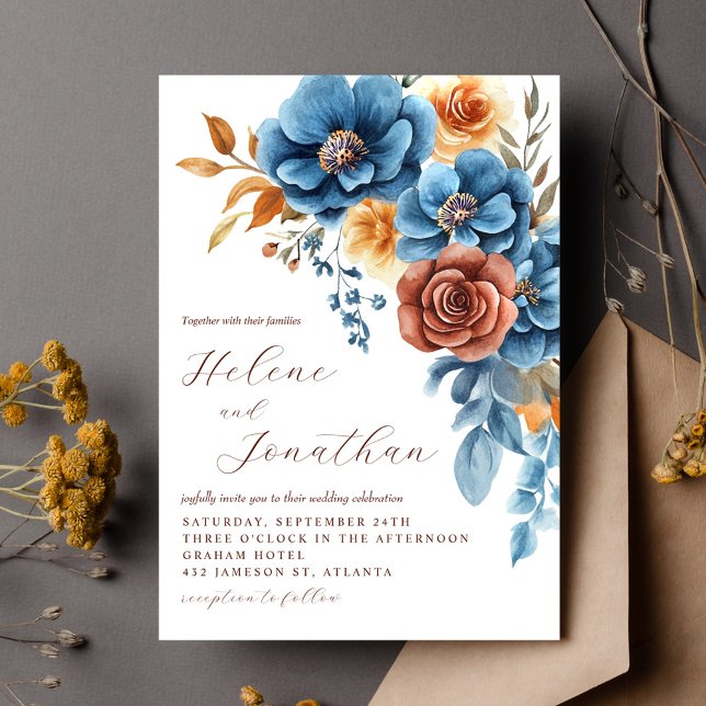 Dusty Blue Orange Terracotta Elegant Wedding Invitation (Dusty Blue Orange Terracotta Elegant Wedding Invitation)