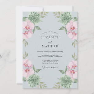 Dusty Blue Orchid Botanical Wedding Invitation