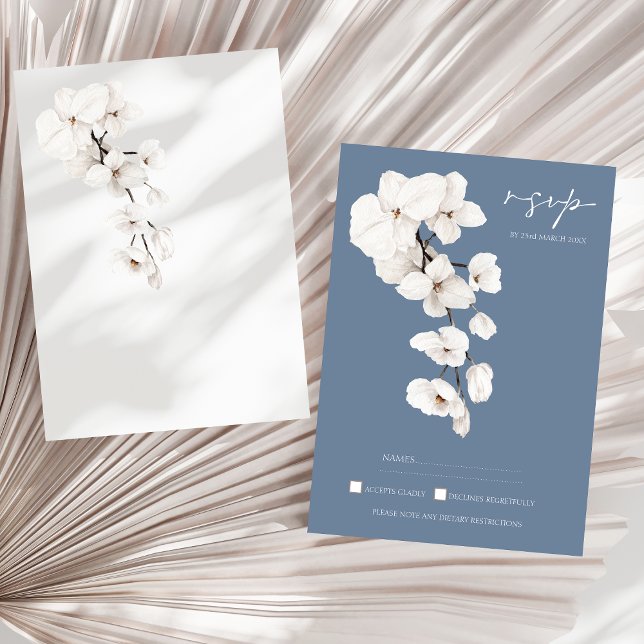 Dusty Blue Orchid Wedding RSVP Card (Modern Dusty Blue Orchids Floral Wedding RSVP Card)