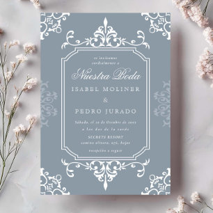 Dusty Blue Ornament Vintage Nuestra Boda Wedding Invitation