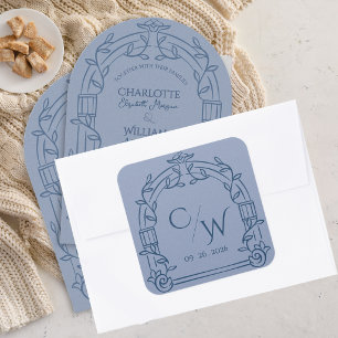 Dusty Blue Ornate Arch Botanical Wedding Square Sticker