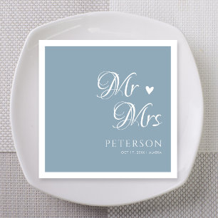 Dusty Blue Ornate Calligraphy Mr & Mrs Last Name Napkin