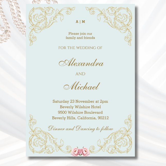 Dusty Blue Ornate Vintage Baroque Wedding  Invitation (Creator Uploaded)