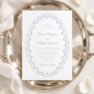 Dusty Blue Oval Lace Frame Wedding Invitation
