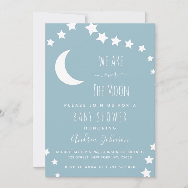 Dusty Blue Over the Moon and Stars Dreamy Crescent Invitation (Front)