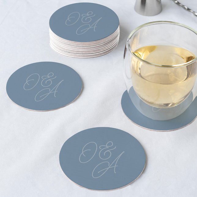 Dusty Blue | Oversized Script Monogram Wedding Round Paper Coaster (Creator Uploaded)