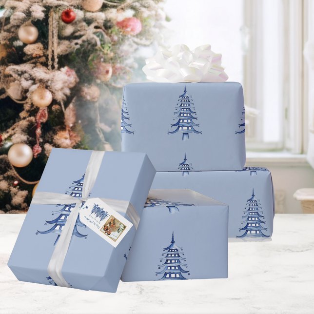 Dusty Blue Pagoda Christmas Tree Pattern Wrapping  Paper (Dusty Blue Pagoda Christmas Tree Pattern Wrapping Wrapping Paper)