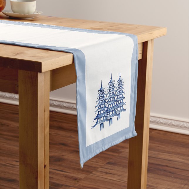 Dusty Blue Pagoda Christmas Trees  Medium Table Runner (In Situ)