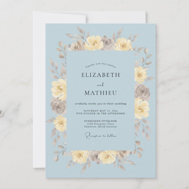 Dusty Blue Painted Bloom Wedding Invitation (Front)