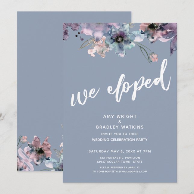 Dusty Blue Painted Floral We Eloped Reception Invitation (Front/Back)