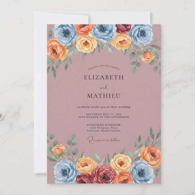 Dusty Blue Painted Floral Wedding Invitation (Front)