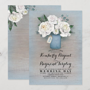 Dusty Blue Painted Mason Jar Rustic Floral Wedding Invitation