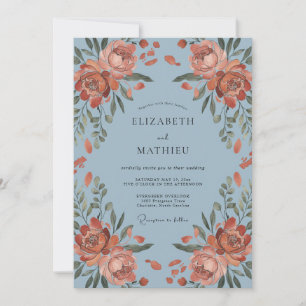 Dusty Blue Painted Peony Wedding Invitation