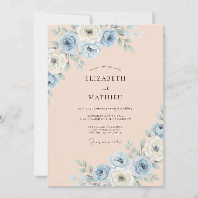 Dusty Blue Painterly Blossom Wedding Invitation (Front)