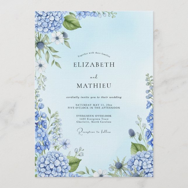 Dusty Blue Painterly Botanical Wedding Invitation (Front)