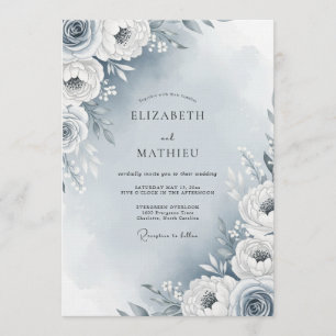 Dusty Blue Painterly Flora Wedding Invitation
