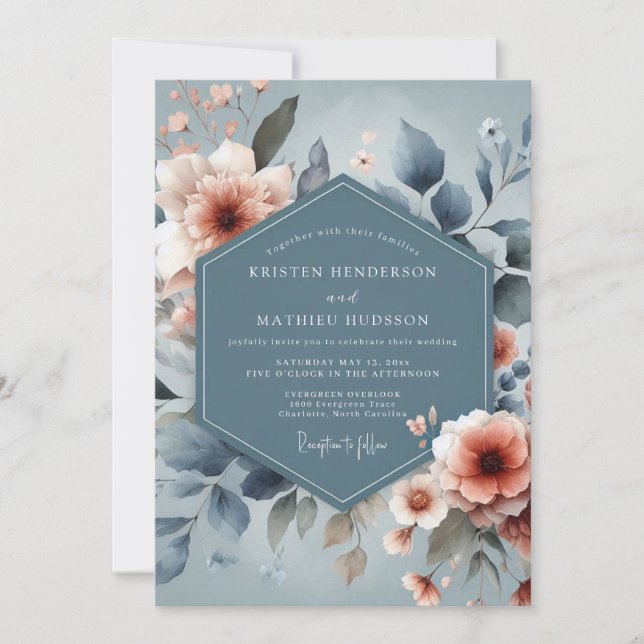Dusty Blue Painterly Flora Wedding Invitation (Front)