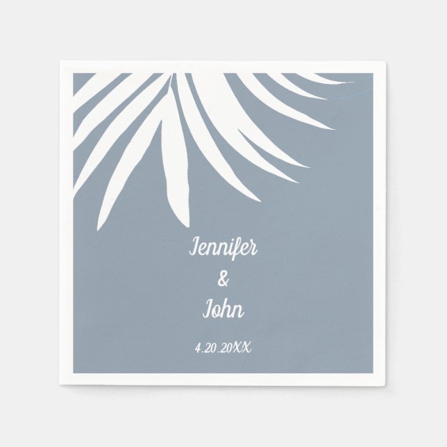 Dusty Blue Palm Leaf Beach Tropical  Wedding Napkin (Front)