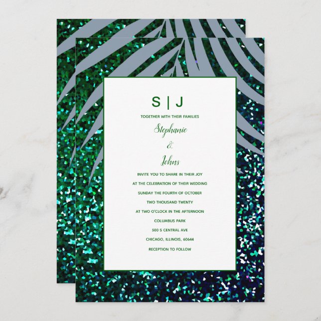 Dusty Blue Palm Leaf Emerald Green Glitter Wedding Invitation (Front/Back)