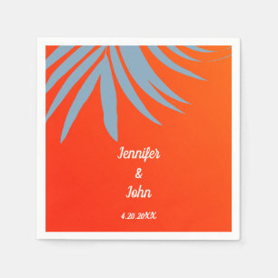 Dusty Blue Palm Leaf Sunset Orange Beach Wedding Napkin