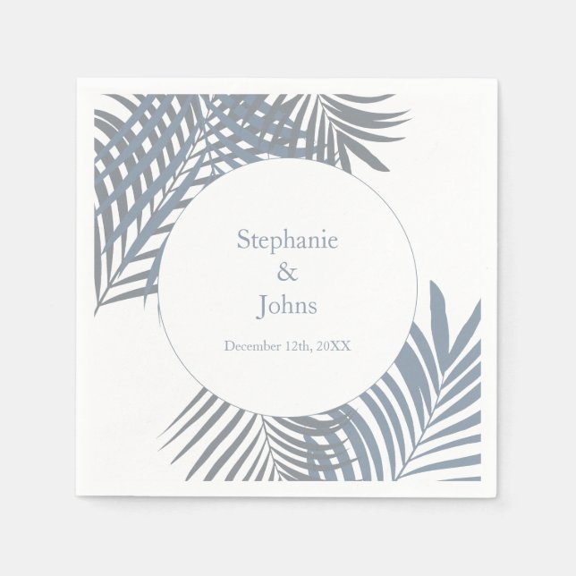 Dusty Blue Palm Leaves Art Elegant Wedding Napkin (Front)