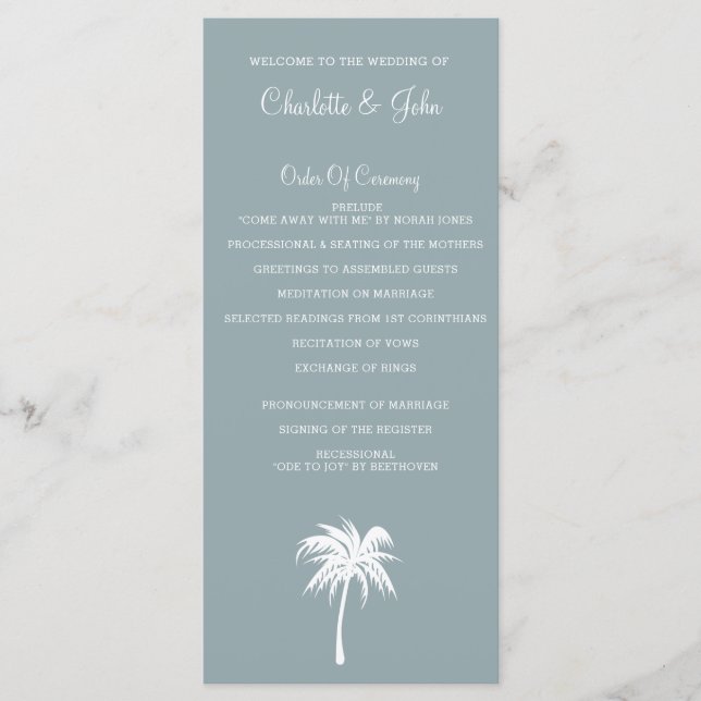 Dusty Blue  Palm Tree  Beach Wedding programs Programme (Front)