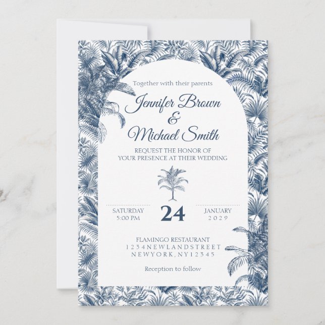 Dusty Blue Palm Tree Botanical Arch Wedding Invitation (Front)