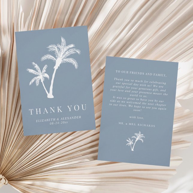 Dusty Blue Palm Tree Tropical Beach Wedding Thank You Card (Creator Uploaded)