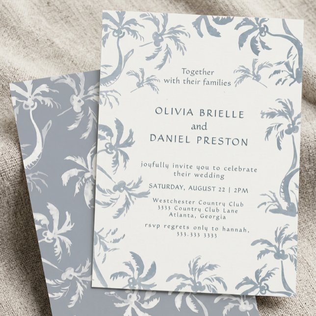 Dusty Blue Palm Tree Tropical Coastal Wedding Invitation (Creator Uploaded)