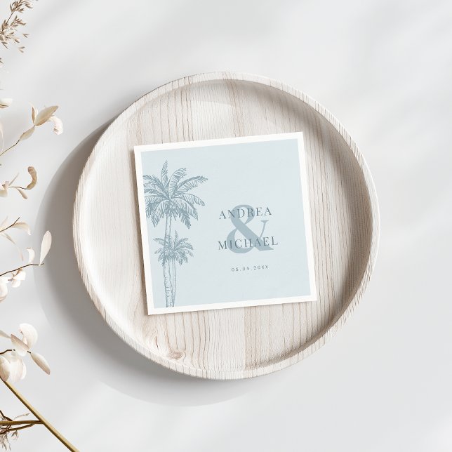 Dusty Blue Palm Trees & Ampersand Beach Wedding Napkin (Creator Uploaded)