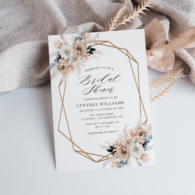dusty blue pampas grass beige bridal shower invitation (Creator Uploaded)