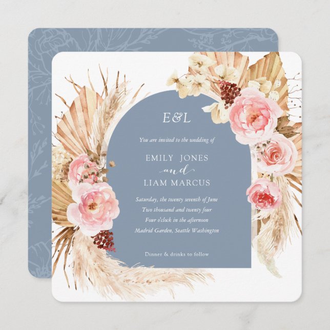 Dusty Blue Pampas Grass Boho Floral Square Invitation (Front/Back)