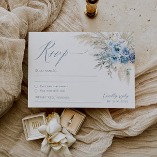 Dusty Blue Pampas Grass Boho Wedding RSVP Reply Card