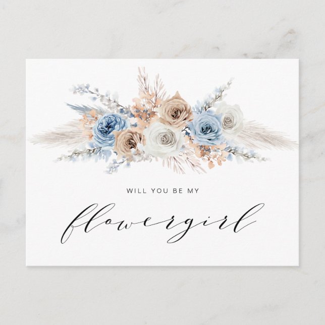 dusty blue pampas grass will you be my flowergirl  invitation postcard (Front)