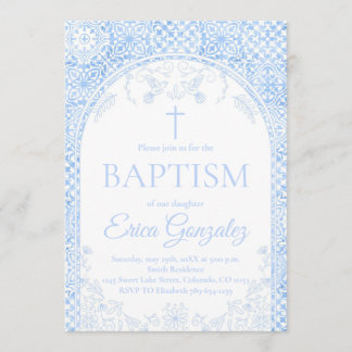 Dusty Blue Papel Picado Baptism Invitation