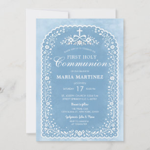 Dusty Blue Papel Picado Girl First Holy Communion Invitation