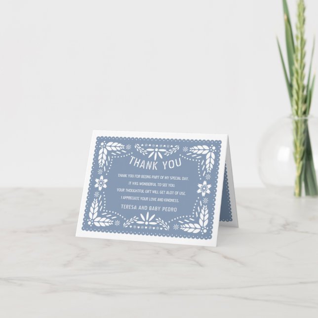 Dusty blue papel picado Mexican style Baby Shower Thank You Card (Front)
