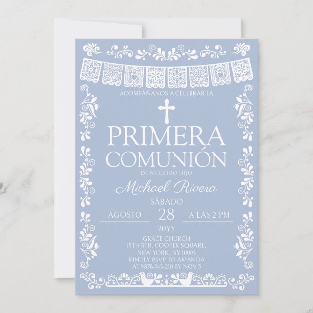 Dusty Blue Papel Picado Primera Comunión Invitation (Front)