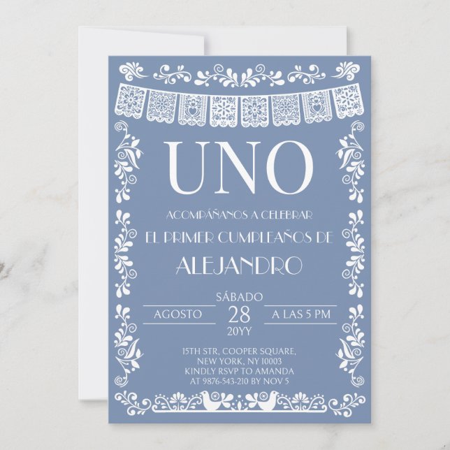 Dusty Blue Papel Picado UNO First Birth Invitation (Front)