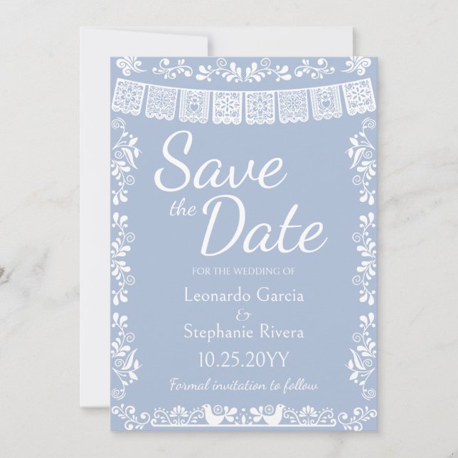 Dusty Blue Papel Picado Wedding Save the Date Invitation (Front)