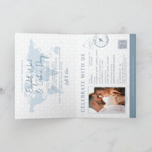 Dusty Blue Passport Destination Wedding Qr Code Invitation