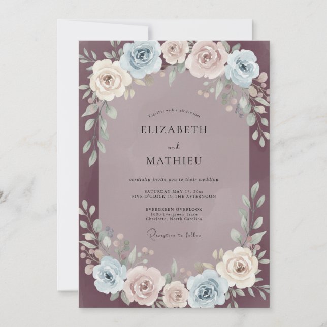 Dusty Blue Pastel Blossom Wedding Invitation (Front)